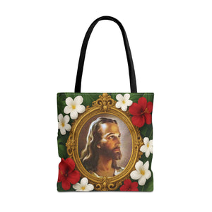 Religious Art Polyester Tote Bag, 3 Sizes / "Head of Christ" Jesus Portrait, Red Flowers
