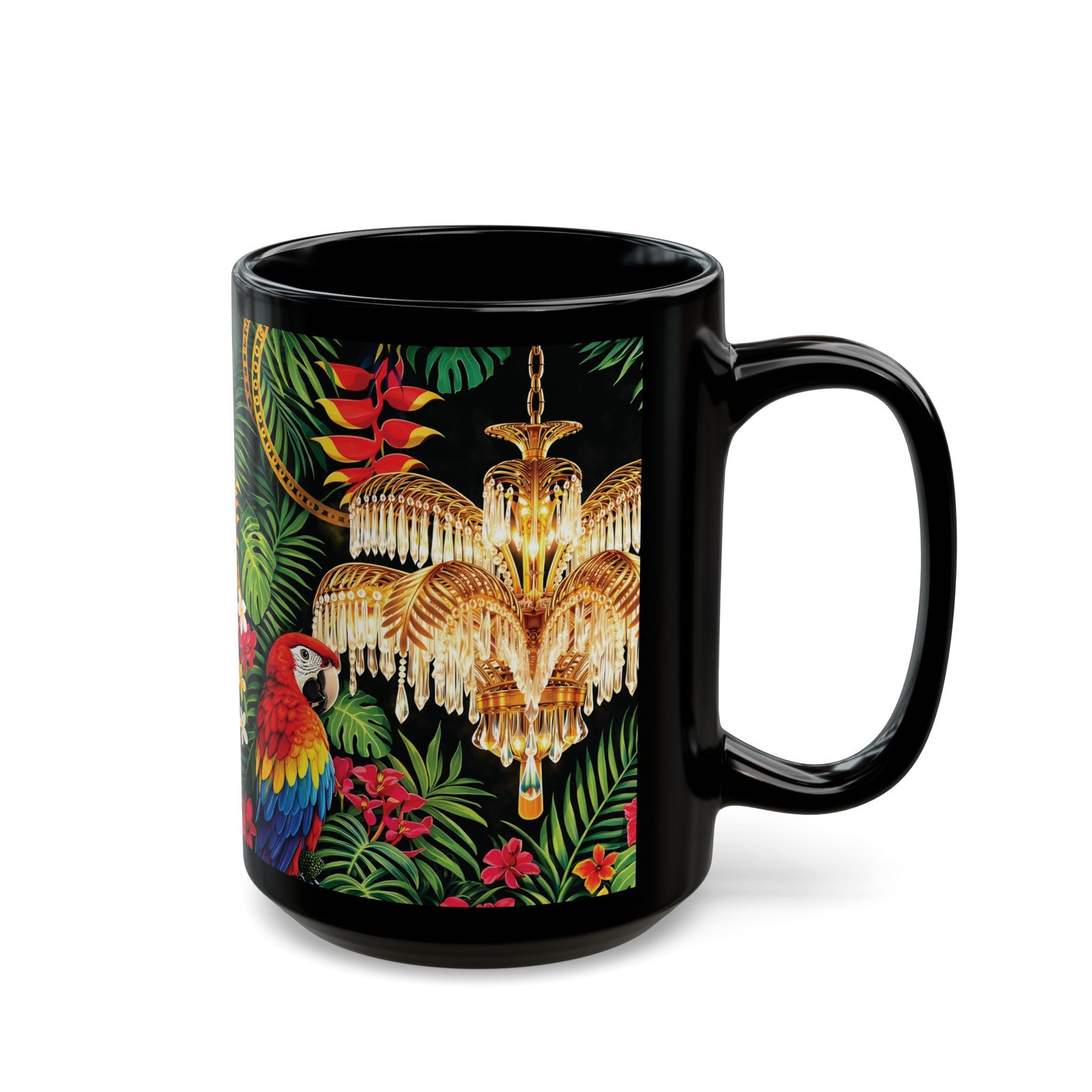 Tropical Parrot Black Mug — Jungle Floral Design with Chandelier (11oz/15oz)