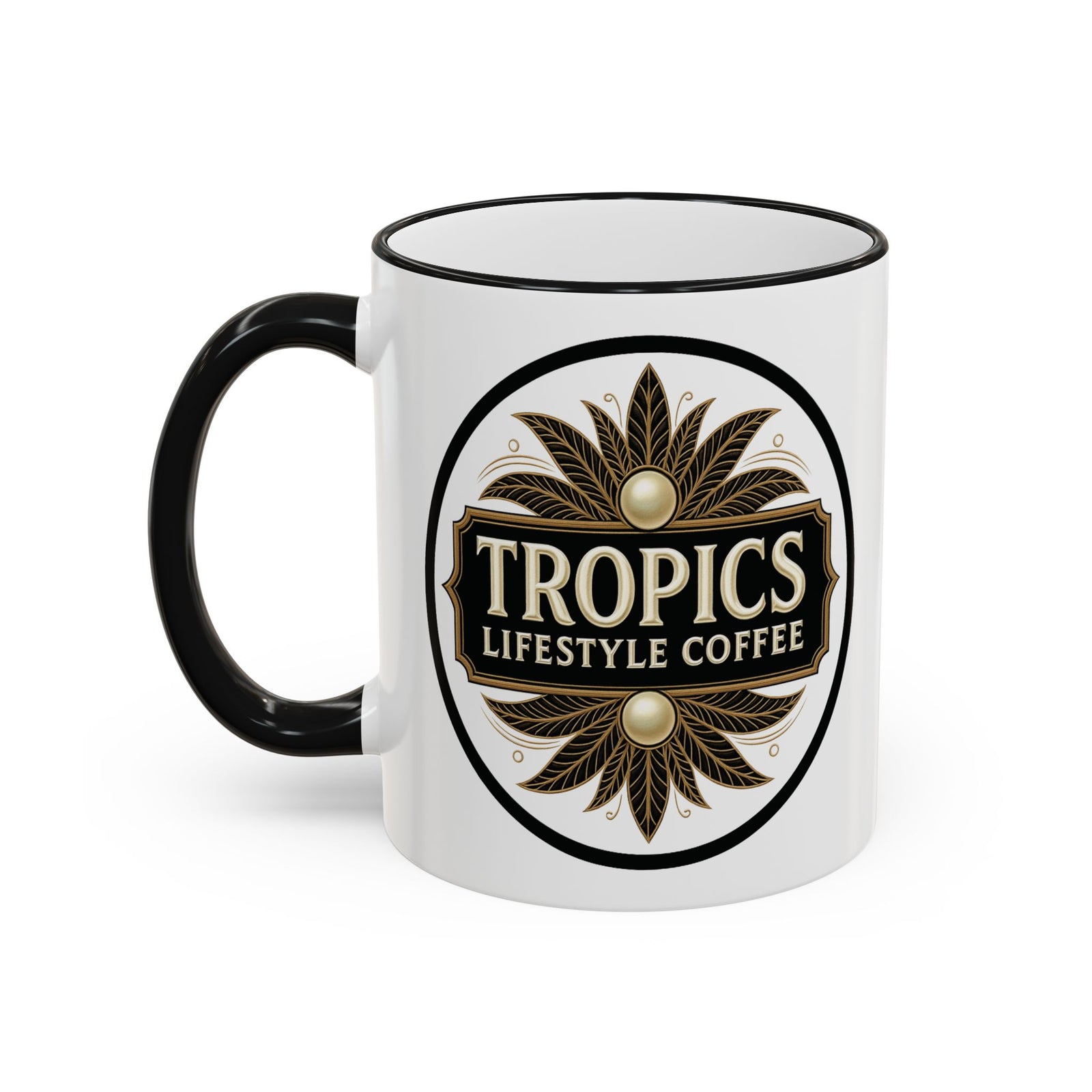 Accent Rim & Handle Coffee Mug — Tropics Lifestyle Coffee Pearl/Palm Logo