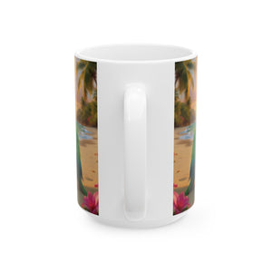 Ceramic White Mug - Tiki the Parrot Drinking Coffee
