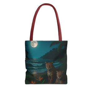 Tropical Beach & Jaguars Tote Bag, Black - 3 Sizes