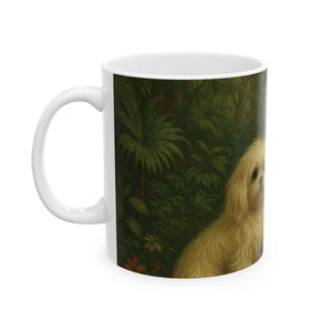 Ceramic White Mug - 11oz & 15oz, Puppy Ariel and Peacock