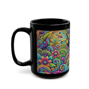Black Coffee Mug - Colorful Rainforest Parrots