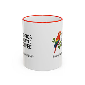 Accent Rim & Handle Coffee Mug ~ Tropics Lifestyle Coffee Parrot Logo