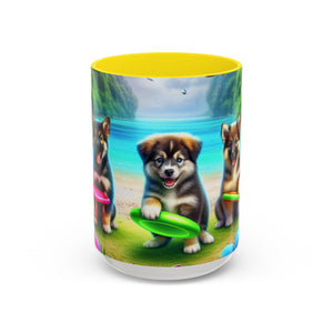 Cute Beach Puppies Playing Frisbee - Black Coffee Mug - Perfect Gift for Dog Lovers