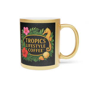 Tropical Metallic Mug, Gold or Silver - Tropics Lifestyle Coffee Seahorse Logo, Black