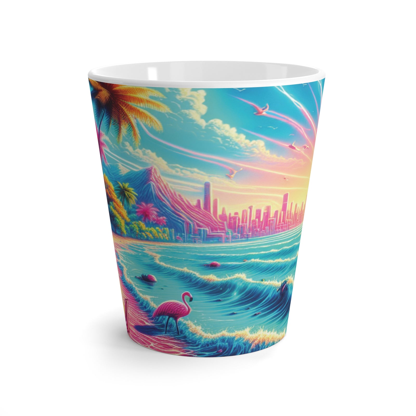 Latte White Mug - Pop Art Flamingo Beach