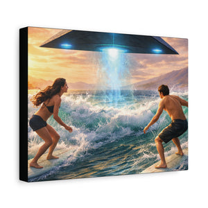 Surfing UFO Canvas Print — Beach Sunset Sci‑Fi Wall Art