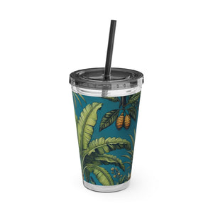 Tropical Tumbler with Straw | 16 oz: Tropical Palms & Fruit, Blue