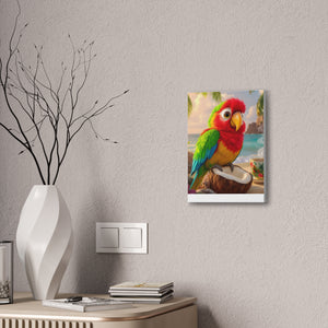 Tropical Parrot Canvas Wall Art — Colorful Beach Scene with Coffee Cup