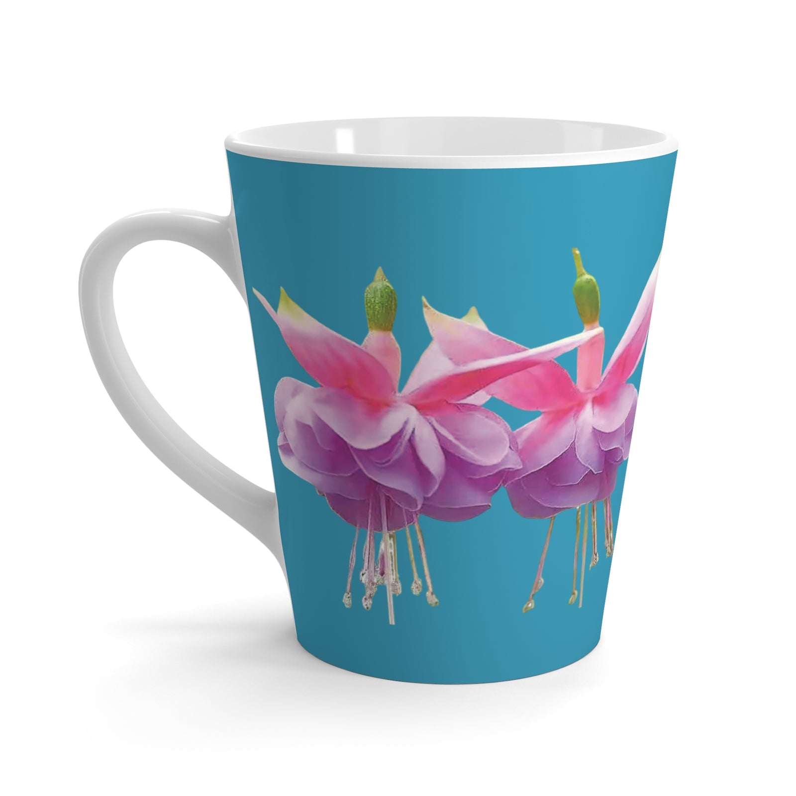 Latte White Mug, Floral - Tropical Fuschsias/Turquoise