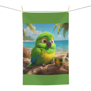Tropical Coffee/Tea Towel — Lulu the Parrot at Beach, Green