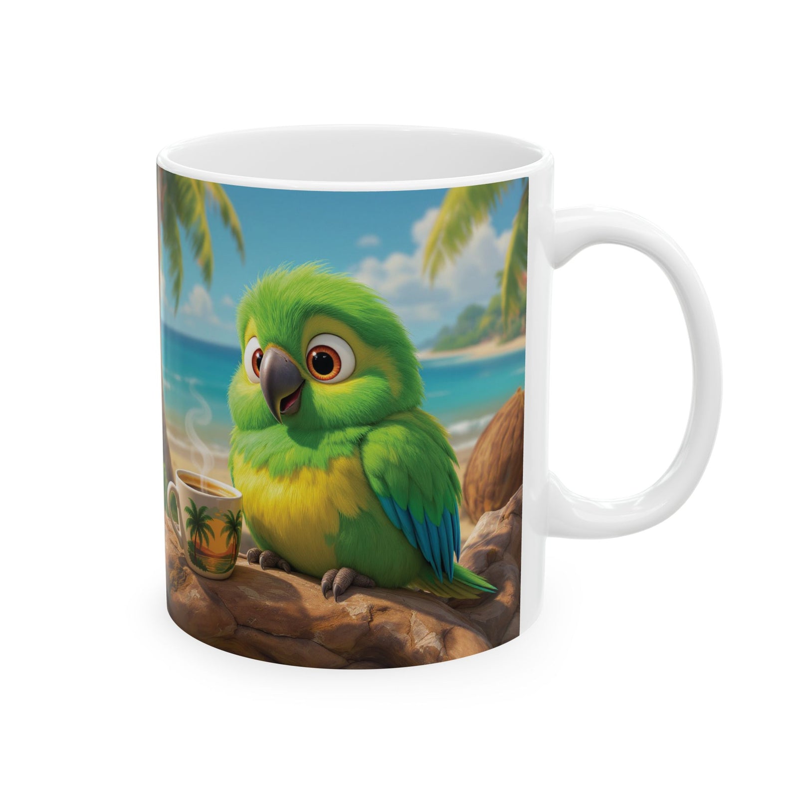 Ceramic White Mug - Lulu the Parrot Drinks Coffee