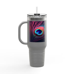 Insulated Travel Mug, 40oz / Peacock Eye Feather, Magenta - Perfect for Outdoor Adventures