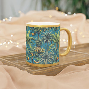 Tropical Metallic Mug, Gold or Silver - Palms & Oranges, Peacock Blue