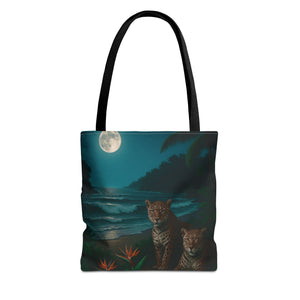 Tropical Beach & Jaguars Tote Bag, Black - 3 Sizes