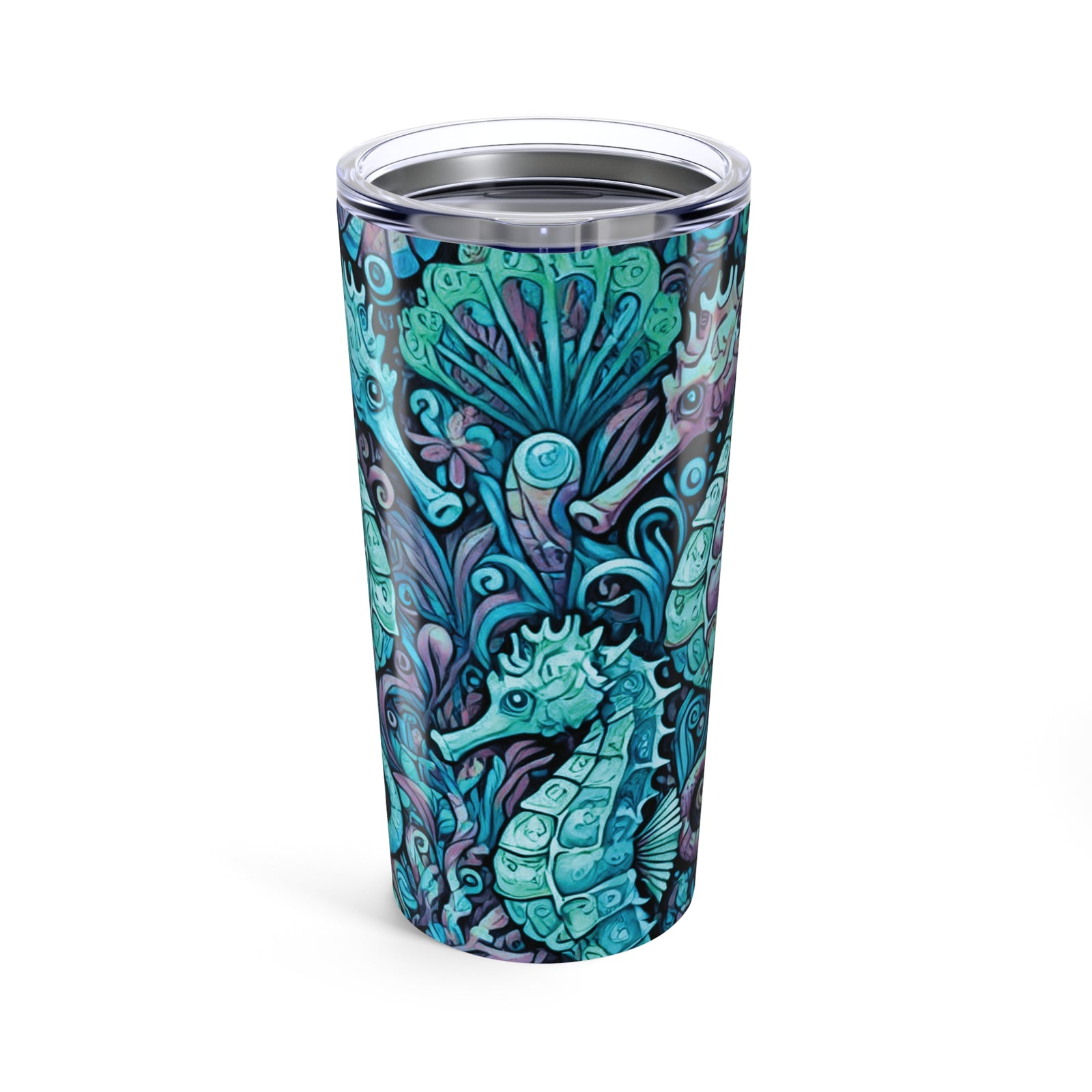 20oz Tropical Glossy Tumbler, Stainless Steel / Seahorse Trio, Turquoise