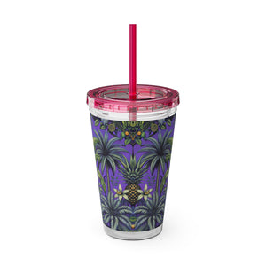 Tropical Tumbler with Straw | 16 oz: Tropical Palms & Fruit, Purple