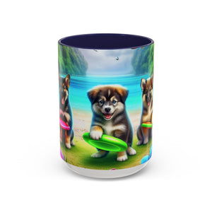 Cute Beach Puppies Playing Frisbee - Black Coffee Mug - Perfect Gift for Dog Lovers
