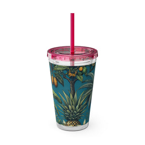Tropical Tumbler with Straw | 16 oz: Tropical Palms & Fruit, Blue