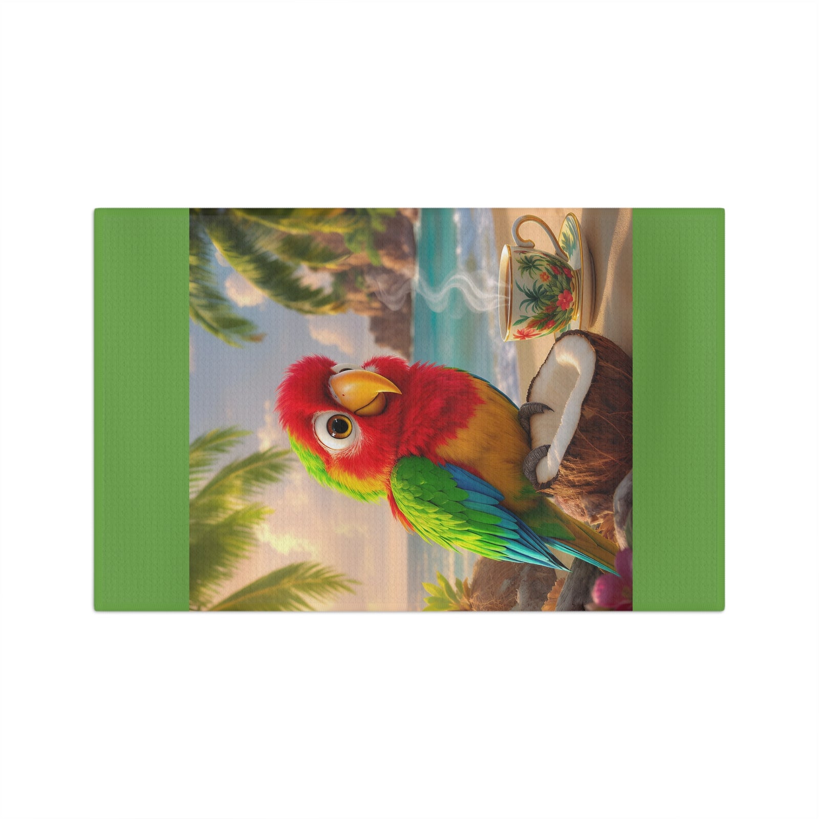 Tropical Microfiber Coffee/Tea Towel — Tiki the Parrot at Beach, V2, Green
