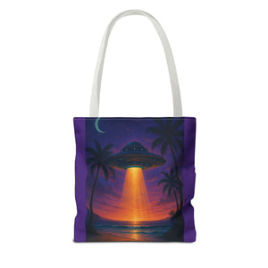 UFO at Beach Sunset Tote Bag, Purple - 3 Sizes
