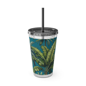 Tropical Tumbler with Straw | 16 oz: Tropical Palms & Fruit, Blue