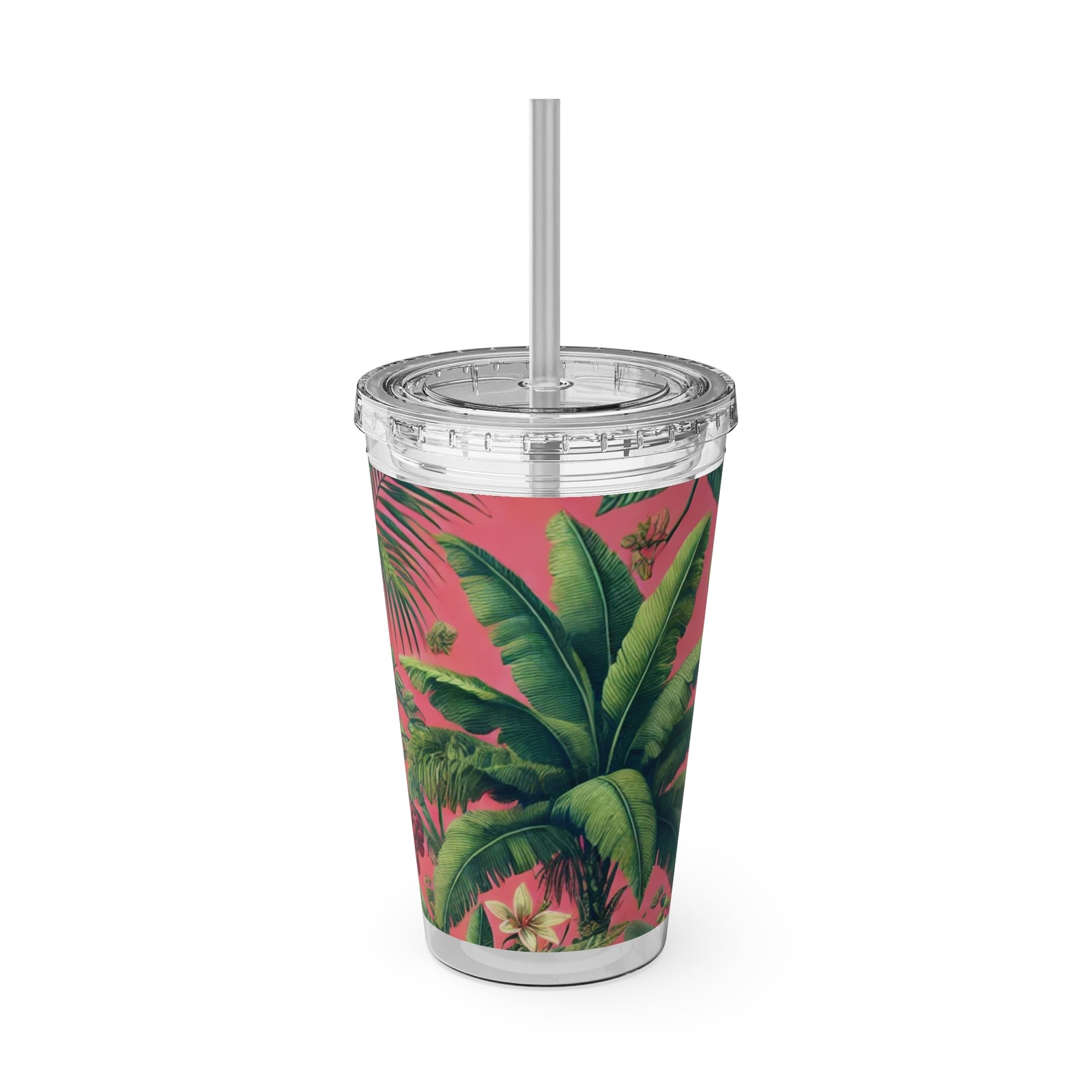 Tropical Tumbler with Straw | 16 oz:  More Tropical Palms, Coral