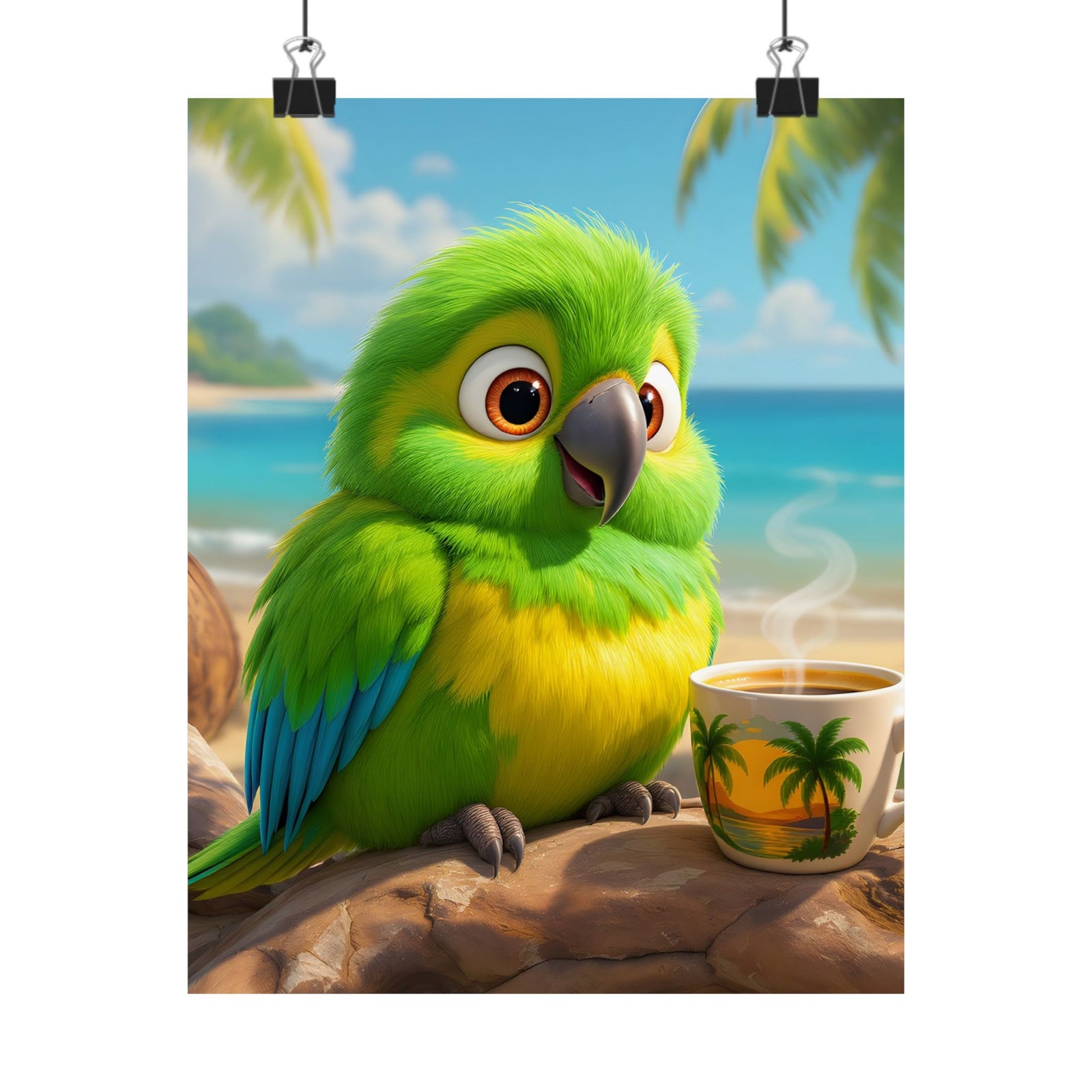 Tropical Beach Poster — Lulu the Parrot Matte Vertical Art Print