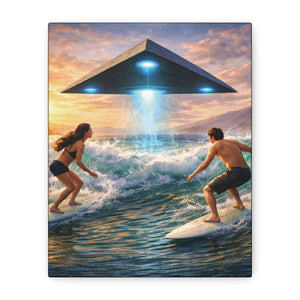Surfing UFO Canvas Print — Beach Sunset Sci‑Fi Wall Art