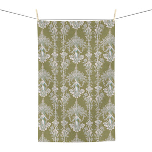 Tropical Microfiber Coffee/Tea Towel ~ Vintage Damask, Pearl Lady Olive Green