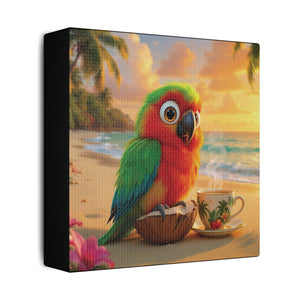 Tropical Beach Canvas - Tiki the Parrot Sunrise Wall Art, Black