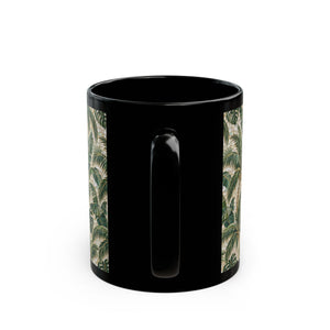 TropicalBlack Mug, 11 & 15 oz – Botanical Palm Mosaic Coffee Cup