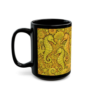 Black Coffee Mug - Seahorse Trio, Yellow