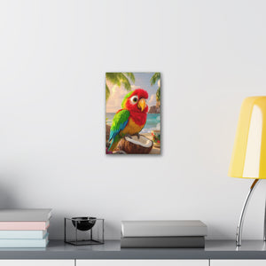 Tropical Canvas Wall Art — Tiki the Parrot With Coffee V2, Green