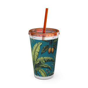 Tropical Tumbler with Straw | 16 oz: Tropical Palms & Fruit, Blue
