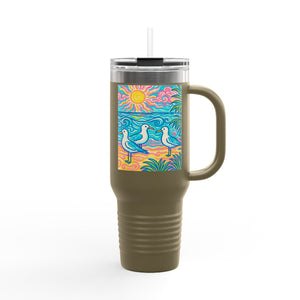 Insulated Travel Mug, 40oz / Tropical Beach Seagulls - Perfect for Outdoor Adventures