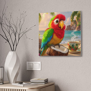 Tropical Parrot Canvas Wall Art — Colorful Beach Scene with Coffee Cup