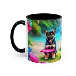 Cute Beach Puppies Playing Frisbee - Black Coffee Mug - Perfect Gift for Dog Lovers