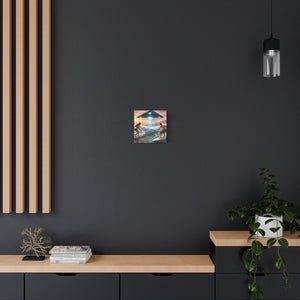 Surfing UFO Canvas Print — Beach Sunset Sci‑Fi Wall Art