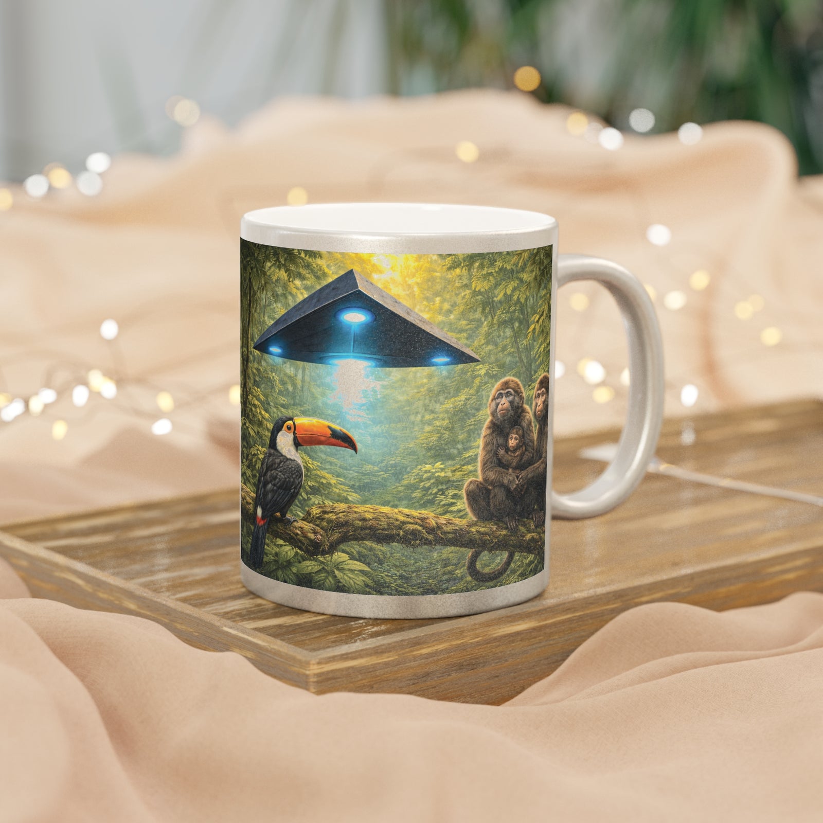 Tropical Metallic Mug, Gold or Silver - UFO & Monkey Familiy