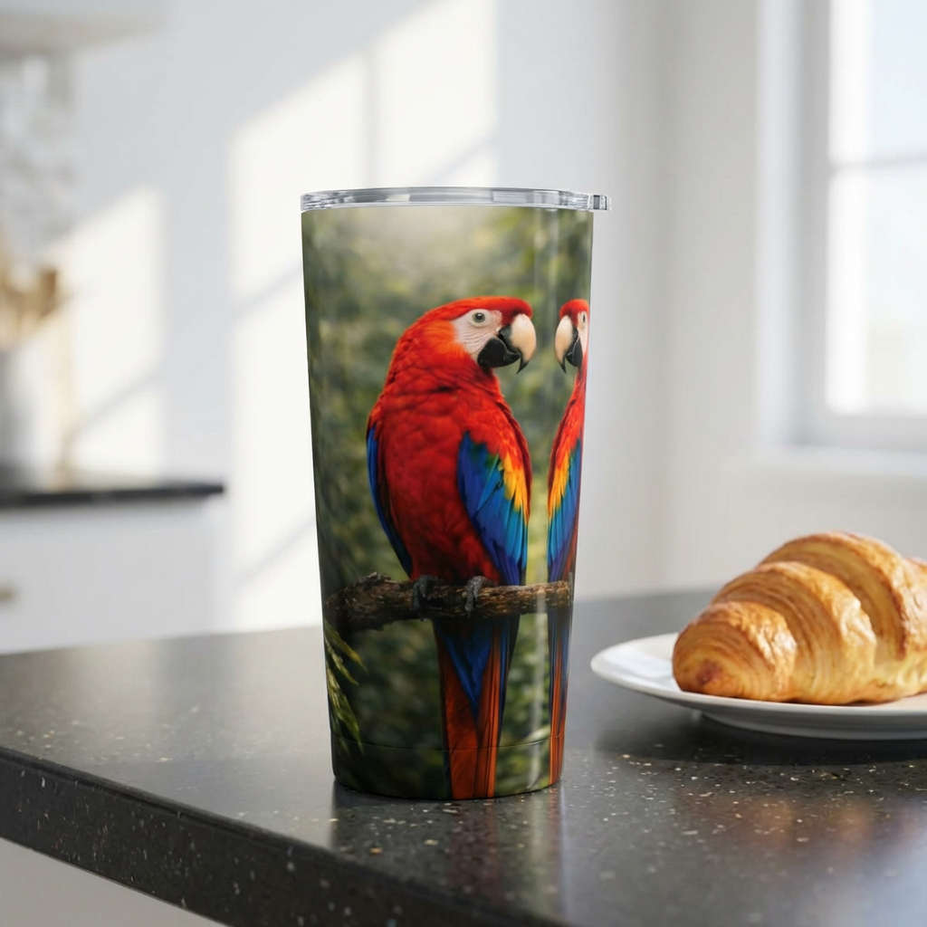 20oz Insulated Travel Tumbler — Colorful Macaw Parrot & Coffee Plants