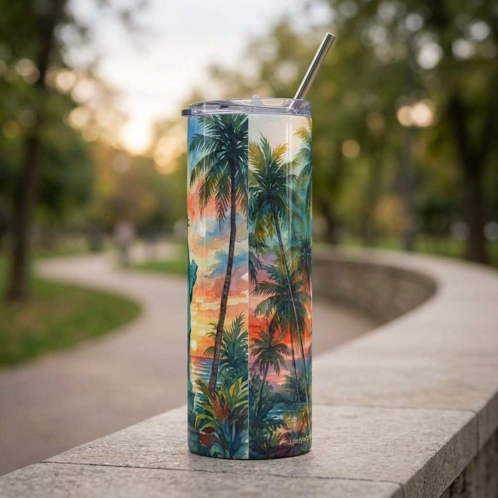 20oz Stainless Steel Tumbler — Sunset Statue of Liberty Beach Scene