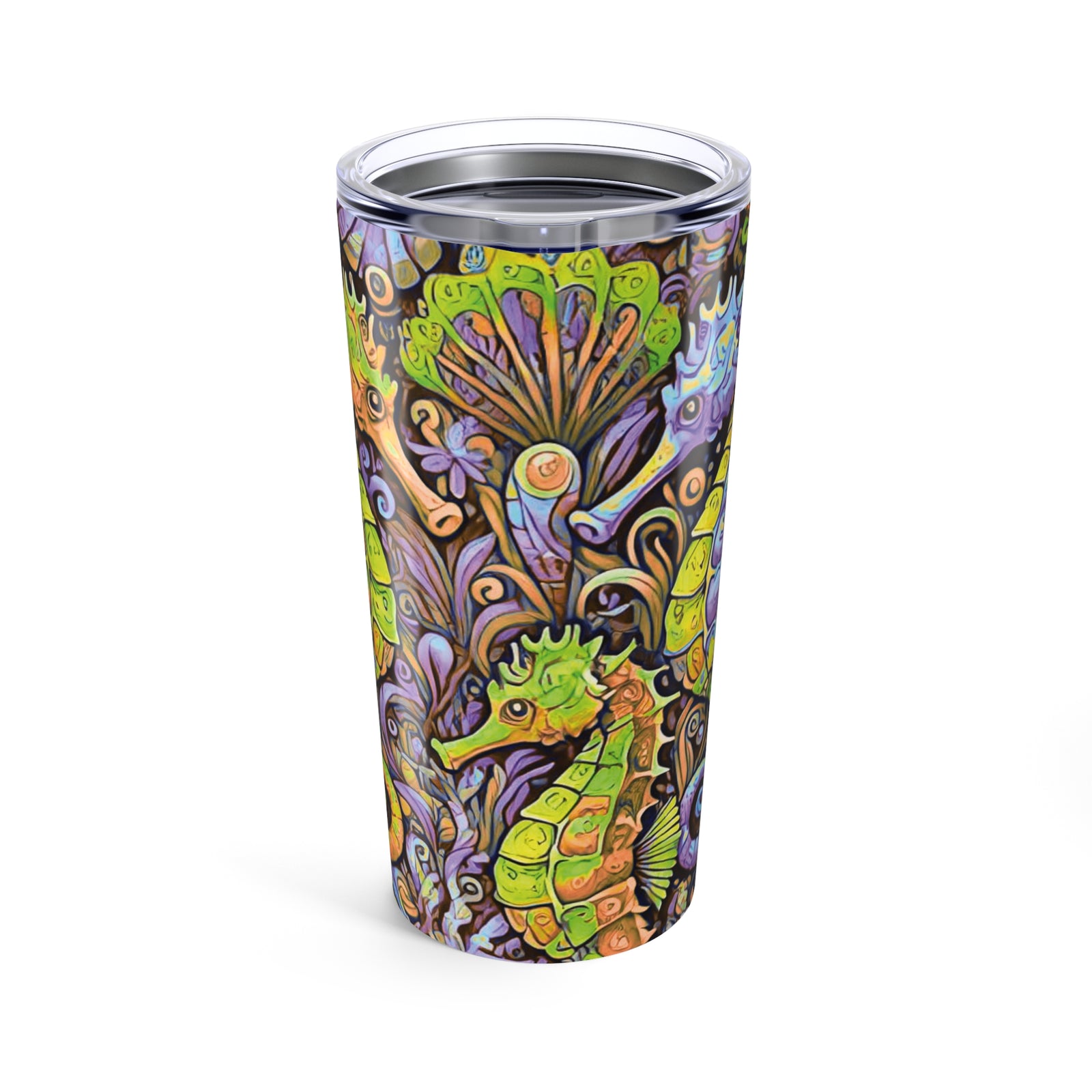 20oz Tropical Glossy Tumbler, Stainless Steel / Seahorse Trio, Yellow/Purple