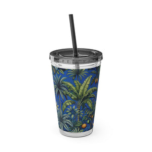 Tropical Tumbler with Straw | 16 oz: Tropical Palms & Fruit, Blue