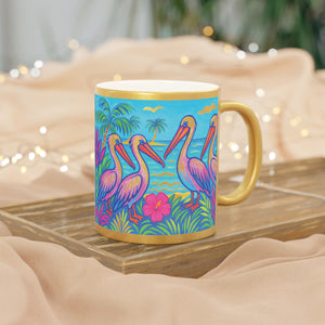 Tropical Metallic Mug, Gold or Silver: Beach Pelicans