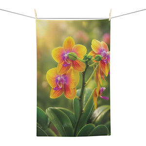 Microfiber Coffee/Tea Towel — Vibrant Fiesta Orchids Yellow-Pink Floral Kitchen Towel