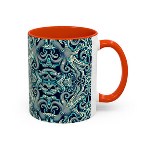 Accent Color Coffee Mug, Many Colors - 11oz & 15oz / Twisted Aqua Octopus