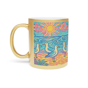 Tropical Metallic Mug, Gold or Silver - Tropical Beach Seagulls