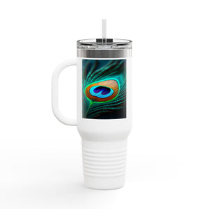 Insulated Travel Mug, 40oz / Peacock Eye Feather, Turquoise- Perfect for Outdoor Adventures